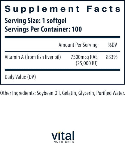 Vital Nutrients Vitamin A 7500mcg RAE | Vitamin A Supplement for Immune Function, Vision, Skin, and Cellular Health | Gluten, Dairy, Soy Free | Non-GMO | 100 Capsules