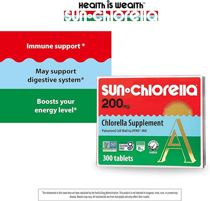 Sun Chlorella 200 mg Green Algae Superfood Supplement - Pulverized Cell Wall - Chlorophyll, CGF, Active B12, Iron, Protein - Non-GMO - 300 Tablets