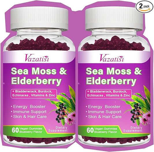 2 Pack Elderberry Gummies with Sea Moss, Extra Strength Elderberry with Vitamin C, Zinc for Immune Support for Adults, Kids, Women & Men, Blueberry Flavor 120Cts