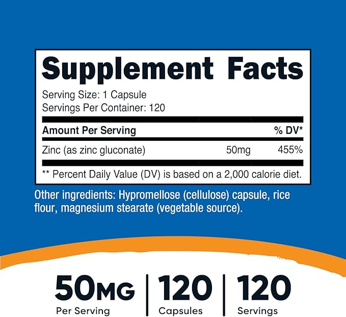 Nutricost Zinc Gluconate 120 Vegetarian Capsules (50mg) - Gluten Free and Non-GMO
