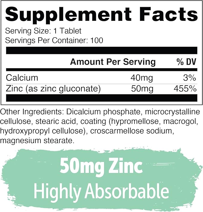 Yuve Natural Vegan Zinc Vitamins Supplements 50mg, Supreme Immune Support, Fast Relief from Colds and Flu, Acne Free Skin, Healthy Hormone Levels, Non-GMO, Gluten & Sugar Free - 100 Veg Tabs (2 Pack)