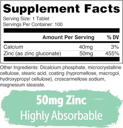 Yuve Natural Vegan Zinc Vitamins Supplements 50mg, Supreme Immune Support, Fast Relief from Colds and Flu, Acne Free Skin, Healthy Hormone Levels, Non-GMO, Gluten & Sugar Free - 100 Veg Tabs (2 Pack)