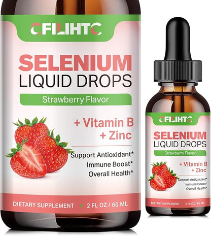 Selenium Liquid Drops - 200mcg Liquid Selenium Supplement with Vitamin B Complex & Zinc - Support for Immune System, Antioxidant & Heart Health, High Absorption - Strawberry Flavor, 2 Fl Oz
