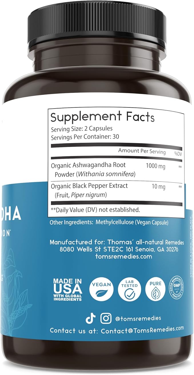 Thomas' all-natural Remedies Organic Ashwagandha Stress Support Supplement, Mood & Energy Support, Pure Ashwagandha 1000mg, Ultra Absorption with Black Pepper, Vegan, No fillers