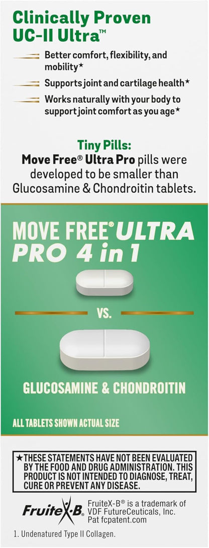 Move Free Ultra Pro with Quadruple Action Joint Support - Type 2 Collagen MSM Calcium Fructoborate & Manganese - Supports Joint Cartiliage Bone Connective Tissue, 120 Tablets (30 servings)