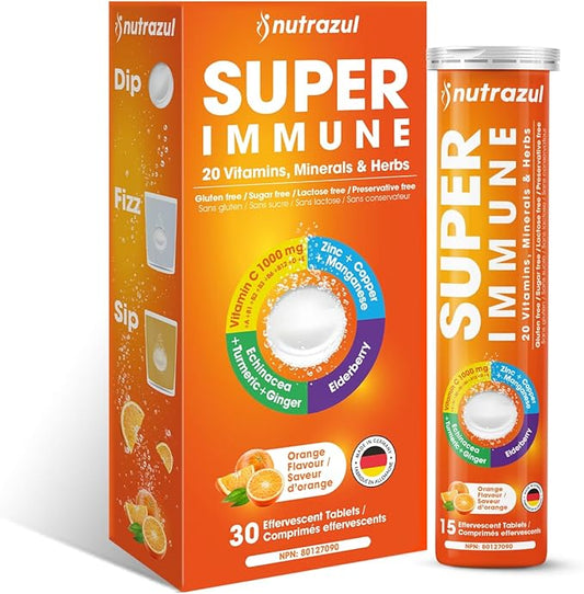 nutrazul Super Immune Effervescent Tablets | Maintains Immune Function & Antioxidant Support | 20 Vitamins, Minerals and Herbs | Orange Flavour | 30 Tablets