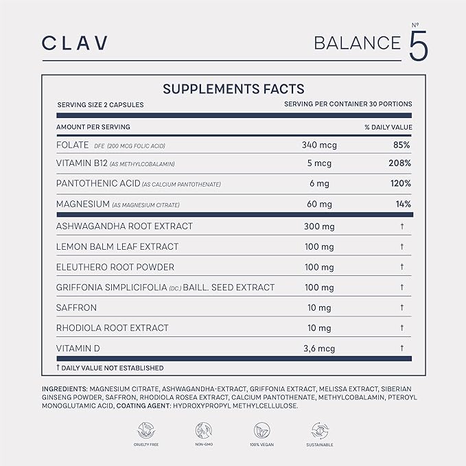 CLAV Mood Support Supplement - with Ashwagandha + Saffron Extract + 5-HTP Griffonia + Siberian Ginseng + Rhodiola rosea - 60 Capsules