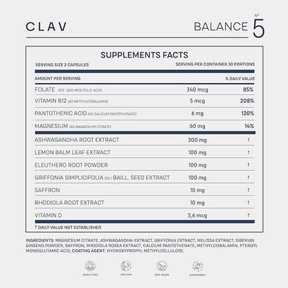 CLAV Mood Support Supplement - with Ashwagandha + Saffron Extract + 5-HTP Griffonia + Siberian Ginseng + Rhodiola rosea - 60 Capsules
