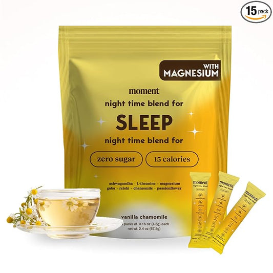 Moment Sleep Tea (Shark Tank) | Vanilla Chamomile | Melatonin Alternative | 0 Sugar | Low Calorie | 0 Caffeine | Mushroom Drink | Adaptogens, Reishi, GABA, Magnesium, Chamomile | Keto | 15 Servings