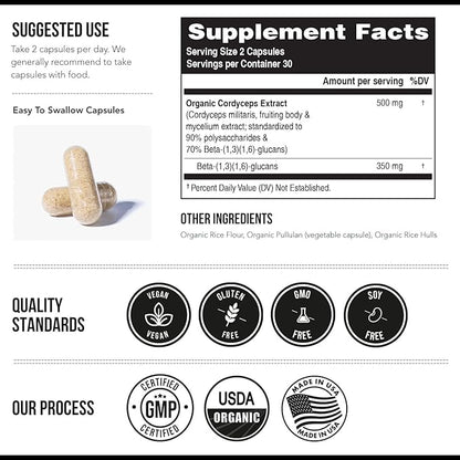 Organic Cordyceps Mushroom Extract - 70% Beta Glucans - Highest Active Nutrient Levels, Max Potency Cordyceps Capsules, US Grown + Ultrasonic Extraction - Performance, Immunity & Energy - 60 Capsules