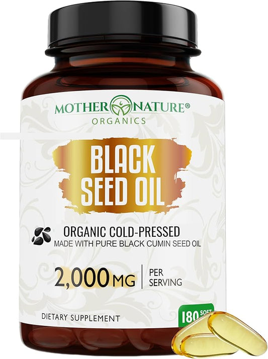 Mother Nature - Organic Black Seed Oil Capsules, Cold Pressed, 2% TQ, 100% Turkish-Black Cumin Nigella, Sativa Oil-3 Month Supply for Immune Support, Joint, Digestive Health,1000mg per Capsule, 180ct