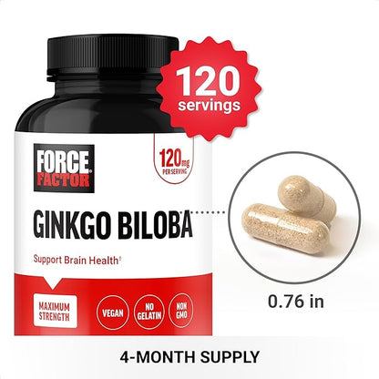FORCE FACTOR Ginkgo Biloba 120mg, Brain Health Supplement for Adults, Maximum Strength Ginko Brain Support and Cognitive Supplement, Vegan, Non-GMO, 120 Capsules