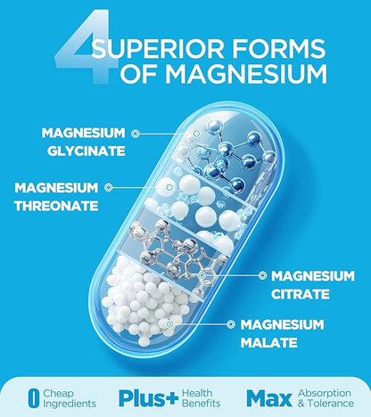 Quadruple Magnesium Supplement, 400mg of Chelate Magnesium Glycinate, L-threonate, Citrate & Malate | Max Absorption Complex w/Vitamin D3 & B6, for Sleep Heart Muscles Nerves, Non-GMO, 120 Vegan Caps