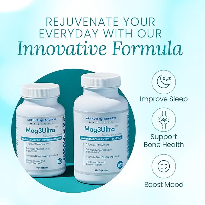 Arthur Andrew Medical, Mag3Ultra Triple Magnesium Supplement, Sucrosomial, Bisglycinate, Taurate for Muscle, Stress, Mood, Nerve, Bone & Heart Support, 180 Capsules