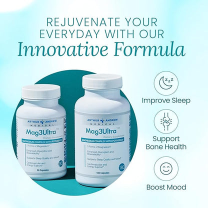 Arthur Andrew Medical, Mag3Ultra Triple Magnesium Supplement, Sucrosomial, Bisglycinate, Taurate for Muscle, Stress, Mood, Nerve, Bone & Heart Support, 180 Capsules