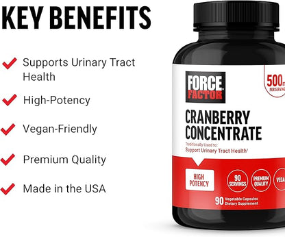 FORCE FACTOR Cranberry Concentrate, Cranberry Pills for Women and Men to Support Urinary Tract Health, High-Potency Cranberry Extract, Vegan Friendly, 90 Capsules