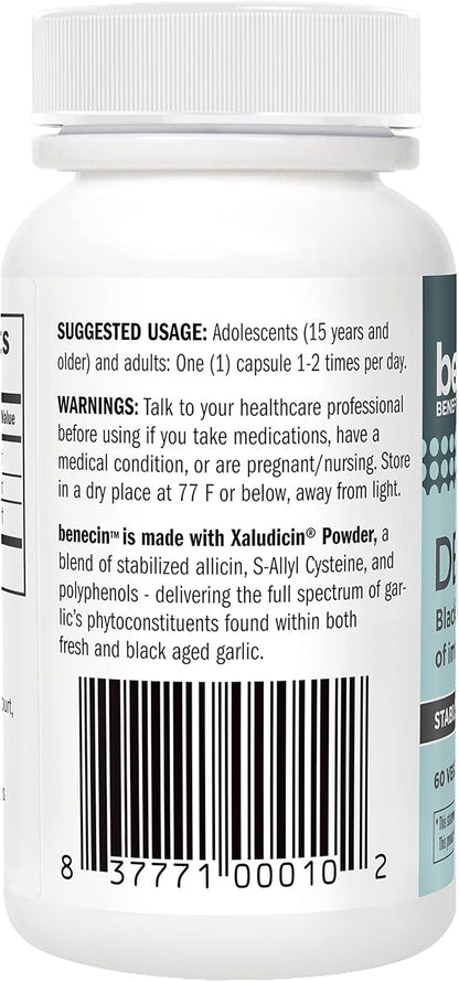 Benecin Defense 1500 mcg Stabilized Allicin per Capsule | Plus high Amounts of SAC & Polyphenols from Black Garlic | Powerful Support of Immune & Heart Function Vegetarian Caps (1 Count (Pack of 60))