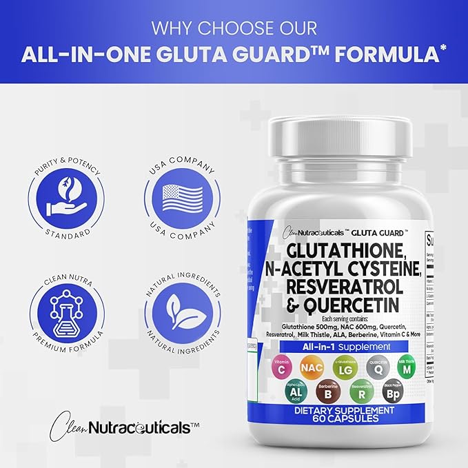 Clean Nutraceuticals Glutathione 500mg Supplement with Vitamin C N Acetyl Cysteine 600mg Berberine 1000mg Resveratrol Quercetin Alpha Lipoic Acid - Reduced L Glutathion Free Form Women 60 Ct USA Made