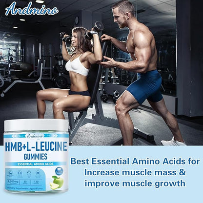 HMB and L-Leucine Gummies, 3000mg, with Trehalose, for Muscle Growth, Muscle Relief and Workout Recovery, for Adults & Elder, Non-GMO, Vegan, Gluten Free, Apple Flavor, 120