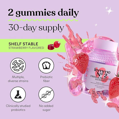 Lemme No. 2 Fiber & Probiotic Gummies for Adults, Promotes Regularity & Digestive Health, No Sugar Added Strawberry Flavor, 4g Prebiotic Fiber & Clinically Studied Probiotic Strains, (60 Count)
