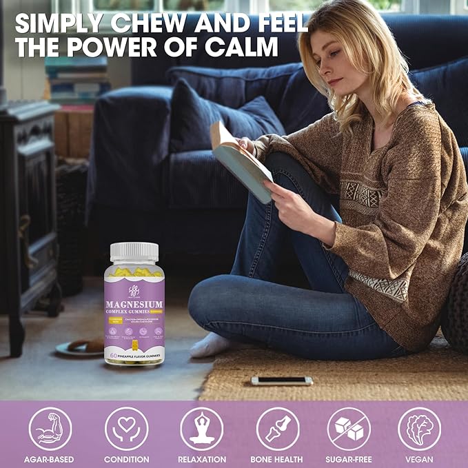 Magnesium Glycinate Gummies with Magnesium Malate, Taurate, Citrate, Potassium Complex Supplement with CoQ10, Calcium, Supports for Memory, Bone, Calm, Sleep, 60 Pineapple Gummies
