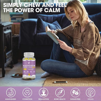 Magnesium Glycinate Gummies with Magnesium Malate, Taurate, Citrate, Potassium Complex Supplement with CoQ10, Calcium, Supports for Memory, Bone, Calm, Sleep, 60 Pineapple Gummies