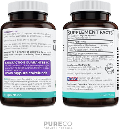 USDA Organic Lions Mane Capsules - 10:1 Extract Equals 10,000mg of Lion’s Mane Mushroom - Powerful 30% Polysaccharides - for Energy, Memory and Focus Supplement - 60 Vegan Capsules (No Pills/Powder)