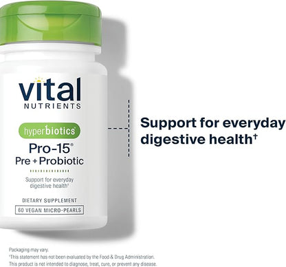 Hyperbiotics Vital Nutrients Pro-15 Prebiotics + Probiotics for Women and Men | 15 Science Backed Strains | Supports Occasional Constipation, Diarrhea, Gas & Bloating | 60 Vegan Time Release Pearls