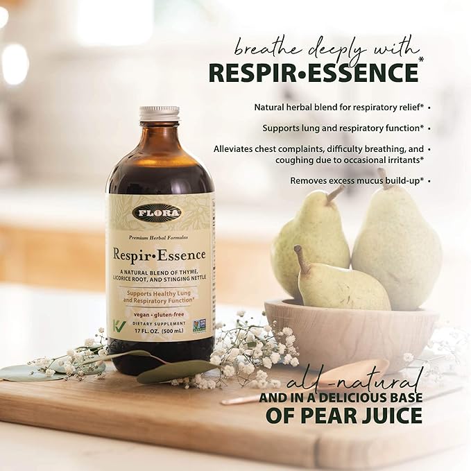 Flora - Respir-Essence - Supports Lung & Respiratory Health - Contains Thyme, Licorice Root, Elecampane & More - Non-GMO, Vegan, Gluten-Free & Kosher - 17 fl. oz. Glass Bottle