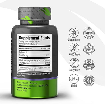 ORZAX Black Seed Oil Cold Pressed 100% Pure | Non-GMO – Rich in Omega 3 6 9 & Thymoquinone | Black Cumin Nigella Sativa Oil for Immune Support, Hair, Skin, Face (150 Softgel Capsules)