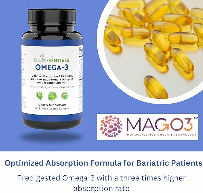 Barisentials Omega-3 Supplement - 1,930mg EPA & DHA Per Serving- Designed for Bariatric Patients- High Absorption MAG-03 Technology - 60 Coated Softgels (1-Month Supply)