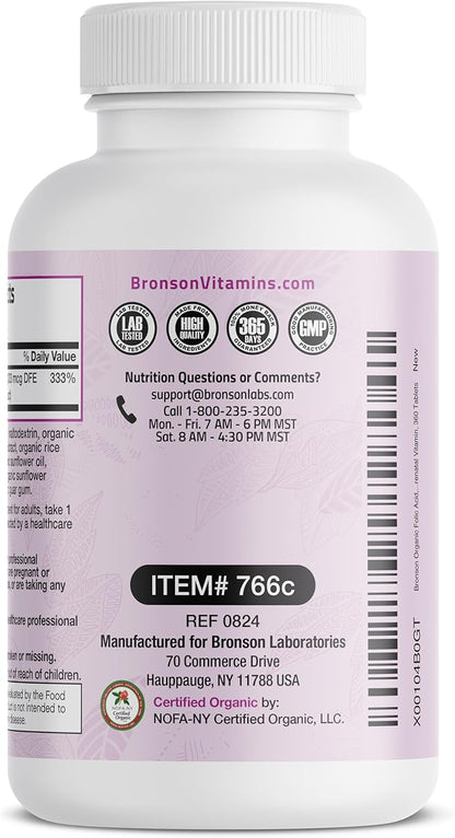 Bronson Organic Folic Acid (Vitamin B9 Folate) 800 mcg Natural Folate from Lemon Peel 360 Tablets