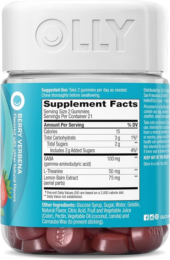 OLLY Goodbye Stress Gummy, GABA, L-Theanine, Lemon Balm, Stress Relief Supplement, Berry - 42 Count