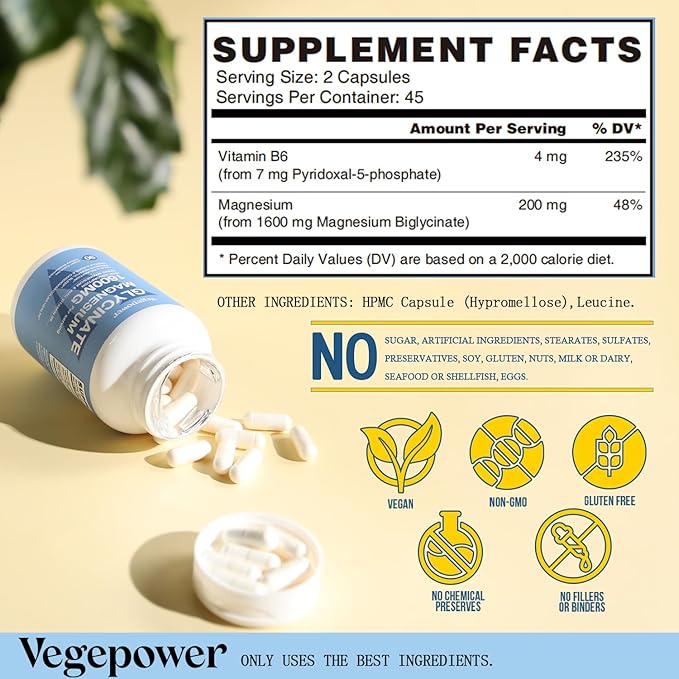 Magnesium Glycinate 200mg with Vitamin B6, 100% Chelated Magnesium Supplements for High Absorption, Magnesium for Sleep, Muscle, Nerve and Bone Health, Gentle On Stomach, Non-GMO, 90 Capsules