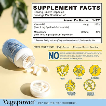 Magnesium Glycinate 200mg with Vitamin B6, 100% Chelated Magnesium Supplements for High Absorption, Magnesium for Sleep, Muscle, Nerve and Bone Health, Gentle On Stomach, Non-GMO, 90 Capsules