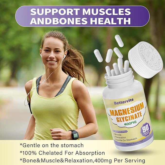 Magnesium Glycinate Capsules 400 MG per Serving 100% Chelated for High Absorption, Gentle On Stomach, Non-GMO, 90 Vegetarian Capsules