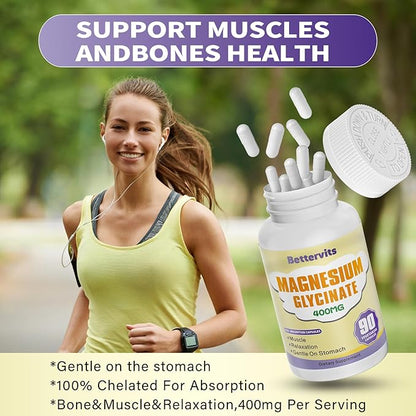 Magnesium Glycinate Capsules 400 MG per Serving 100% Chelated for High Absorption, Gentle On Stomach, Non-GMO, 90 Vegetarian Capsules