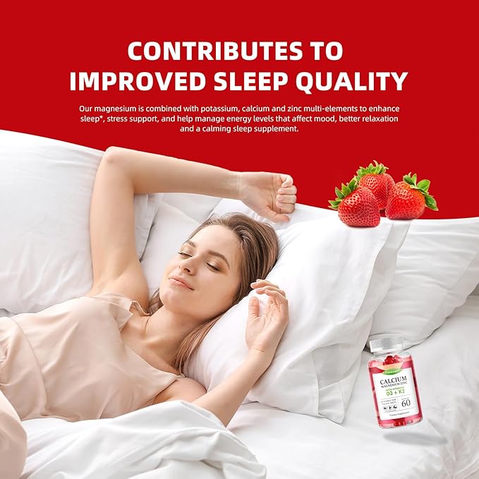 Calcium Magnesium Zinc Gummies with Vitamin D3 & K2 - High Potency Enhanced Absorption -60 Strawberry Gummies Flavored