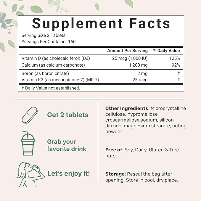 Micro Ingredients Calcium Supplements for Women and Men, 300 Tablets | Calcium 1,200 mg with Vitamin D3 & K2 (MK-7) & Boron + Mineral Complex | Supports Bone, Immune & Heart Health | Non-GMO