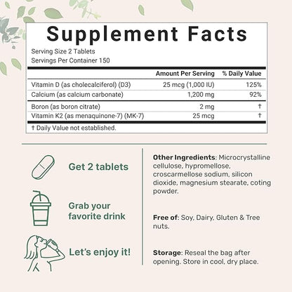 Micro Ingredients Calcium Supplements for Women and Men, 300 Tablets | Calcium 1,200 mg with Vitamin D3 & K2 (MK-7) & Boron + Mineral Complex | Supports Bone, Immune & Heart Health | Non-GMO