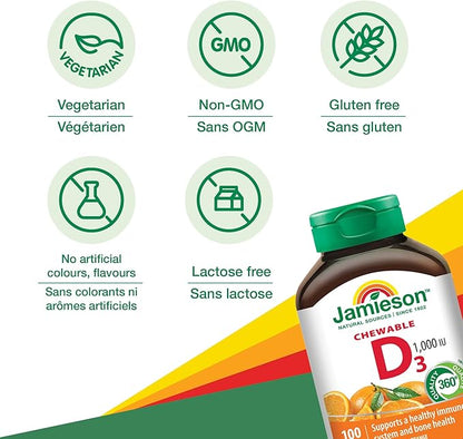Jamieson Natural Tangy Orange Chewable Vitamin D 1000IU 100 tablets