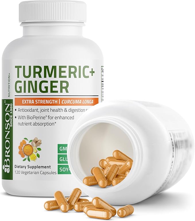 Bronson Turmeric + Ginger Extra Strength Joint Health & Digestion Support with BioPerine, Non-GMO, 120 Vegetarian Capsules