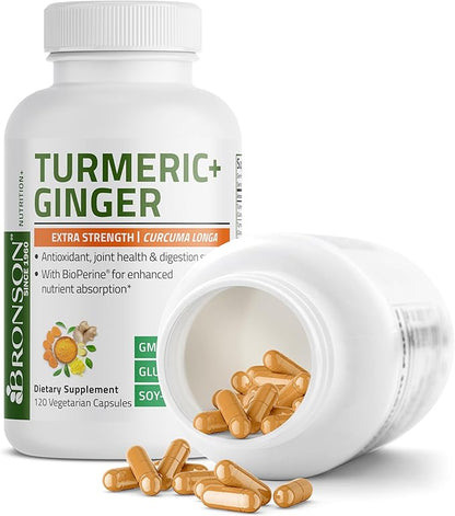 Bronson Turmeric + Ginger Extra Strength Joint Health & Digestion Support with BioPerine, Non-GMO, 120 Vegetarian Capsules