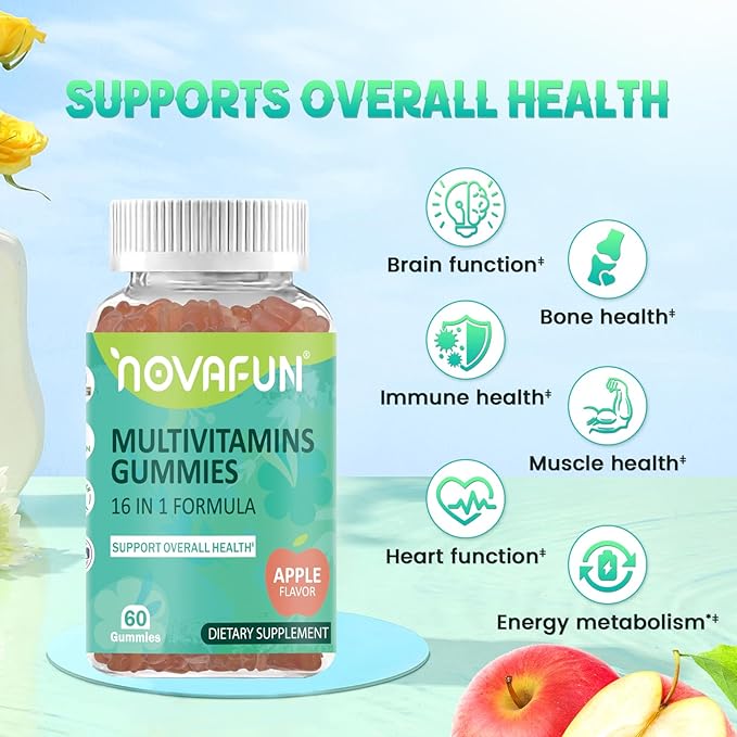Multivitamin Gummies,16-in-1 Supplement with Essential Vitamins & Minerals for Overall Health, Vegetarian & Gluten-Free, Apple Flavor, 60 Count
