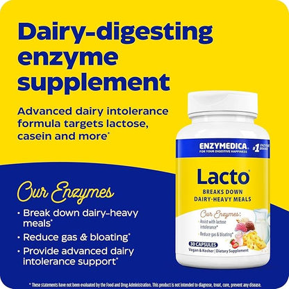 Enzymedica Lacto, Maximum Strength Formula for Dairy Intolerance, with Enzymes Lactase and Protease, Relieves Digestive Discomfort, 30 Capsules (30 Servings)