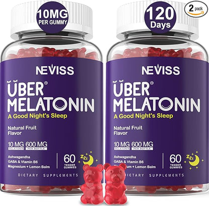 Melatonin Gummies 10mg 20mg for Adults, Melatonin 10 mg per Gummy with Ashwagandha, Magnesium Glycinate, GABA, L-theanine, Valerian Root & Lemon Balm, Rest Support Supplement, Grape Flavor, 2-Pack