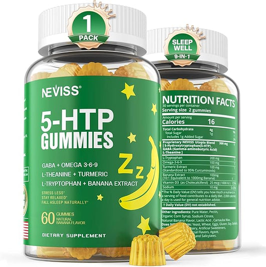 1Pack 5-HTP GABA Gummies - Melatonin Free Calm & Relaxation Gummies w/Banana Extract, L-Theanine, L-Tryptophan, Omega-3-6-9 for Health Rest Cycle & & Circadian Rhythm, Natural Zzzs, Brain Relax