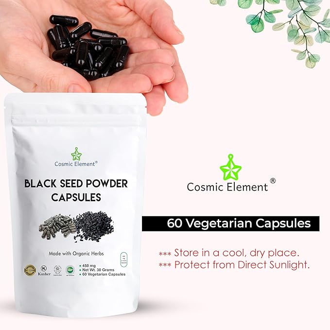 100% Pure Black Seed Powder Capsules Organic - Vegan Nigella Sativa 450mg Black Cumin Seeds per Serving- for Health - 60 Capsules