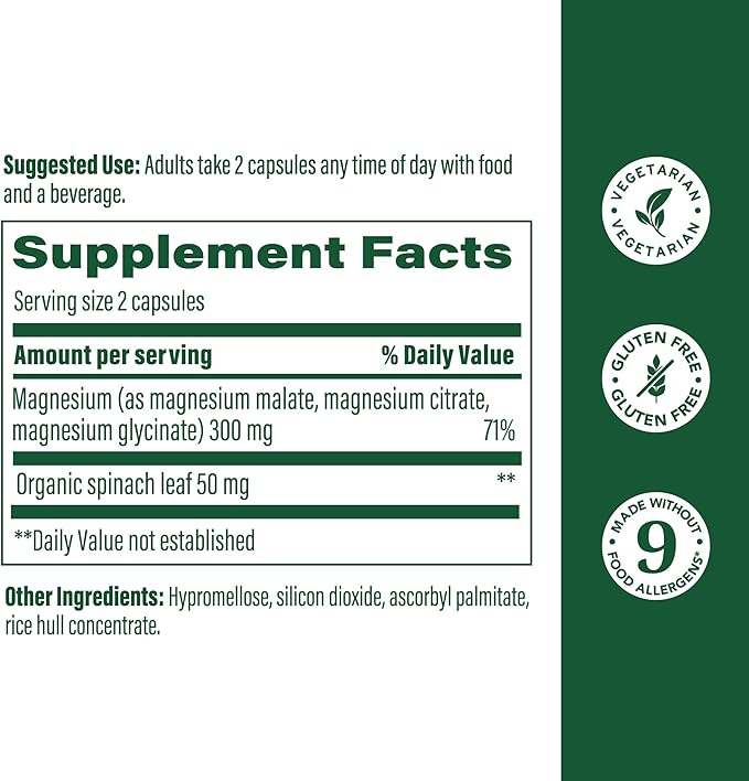 MegaFood Magnesium 300 mg - Highly Absorbable Blend of Magnesium Glycinate, Citrate & Malate to Help Support Heart, Nerve Health & Relaxation - 60 Capsules (30 Servings)