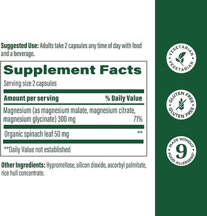 MegaFood Magnesium 300 mg - Highly Absorbable Blend of Magnesium Glycinate, Citrate & Malate to Help Support Heart, Nerve Health & Relaxation - 60 Capsules (30 Servings)